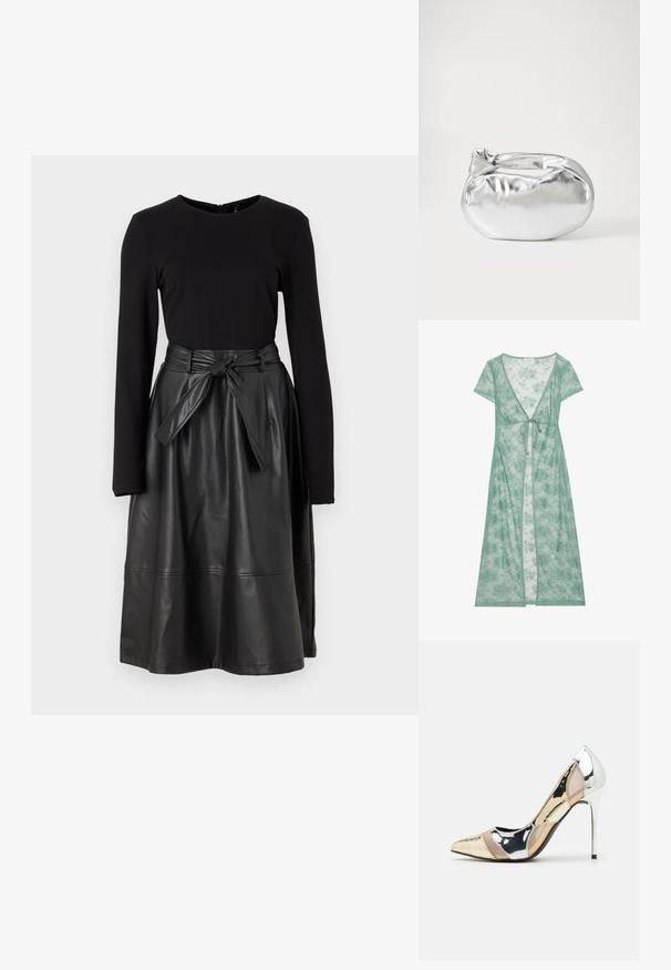 Hosszú, zöld virágmintás csipkeborítás, rövid ujjakkal, mély V-kivágással és derékban megkötős záródással. Könnyű és félig átlátszó textúra.; Fekete, hosszú ujjú felső, amely fekete műbőr szoknyával van párosítva, megkötős derékkal és sima, fényes textúrával.; Hegyes orrú magassarkú cipő ezüst, arany és púder színkombinációval. Fényes felületű, kivágott dizájnnal, stiletto sarokkal.; Ezüst fémes anyagú tasak táska, puha, lekerekített formával és csomós záródással a tetején. Simító műbőrből készült.