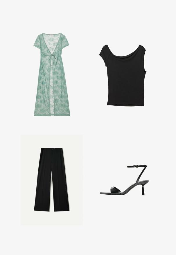 Dlhý, zelený kvetinový čipkový plášť s krátkymi rukávmi, hlbokým V-výstrihom a viazaním v páse. Ľahký a polopriesvitný materiál.; Čierny krátky rukáv top vyrobený z hladkej tkaniny; má prehnutý výstrih a asymetrický lem, s priliehavým telom.; Bershka WIDE - Nohavice - black; Bershka Sandále na vysokom opätku - black