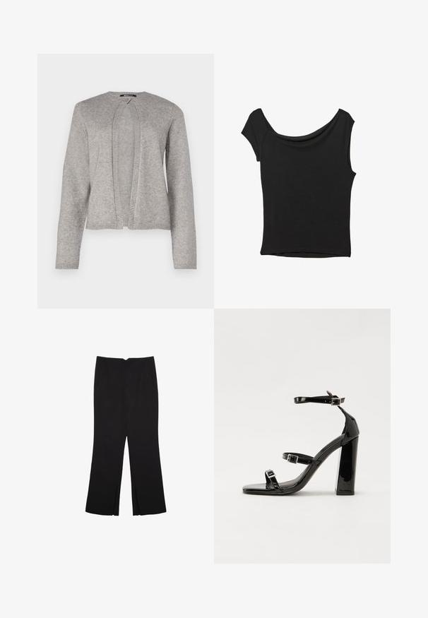 Sivi kardigan izrađen od mekanog pletiva, s okruglim izrezom, otvorenim prednjim dijelom i rebrastim detaljima na rukavima i rubu.; Crna majica kratkih rukava od glatkog materijala; ima drapirani izrez i asimetrični donji rub, uz prilagođeni kroj tijela.; Crne hlače ravnog kroja, s prednjim džepovima i bočnim prorezima na rubu. Izrađene od mekog i glatkog materijala. Pogodne za razne prigode.; Crne lakirane sandale na pete sa kvadratnim nosom, trakama oko gležnja i srebrnim kopčama. Imaju čvrst blok petu za stabilnost.