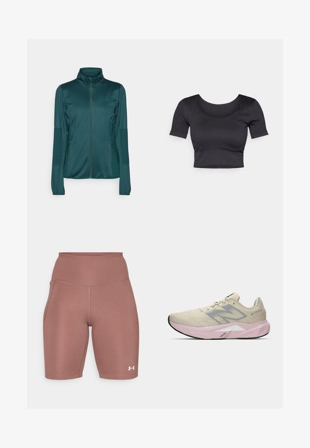 Teal trainingsjack met een gladde stof, voorzien van lange mouwen, hoge kraag en twee voorzakken met rits. Gestructureerde accenten op de mouwen.; Zwarte geribde cropped top met korte mouwen, brede ronde halslijn en een aansluitende band aan de onderkant. Zachte textuur, casual ontwerp.; Hoge taille sport shorts in een zachte roos kleur. Gemaakt van soepele, rekbare stof met een zijzak en een witte logo-accent nabij de zoom.; Lichtbeige hardloopschoen met grijs "N"-logo, roze zool met het label "FuelCell" en een gestructureerde hak, weergegeven op een witte achtergrond.