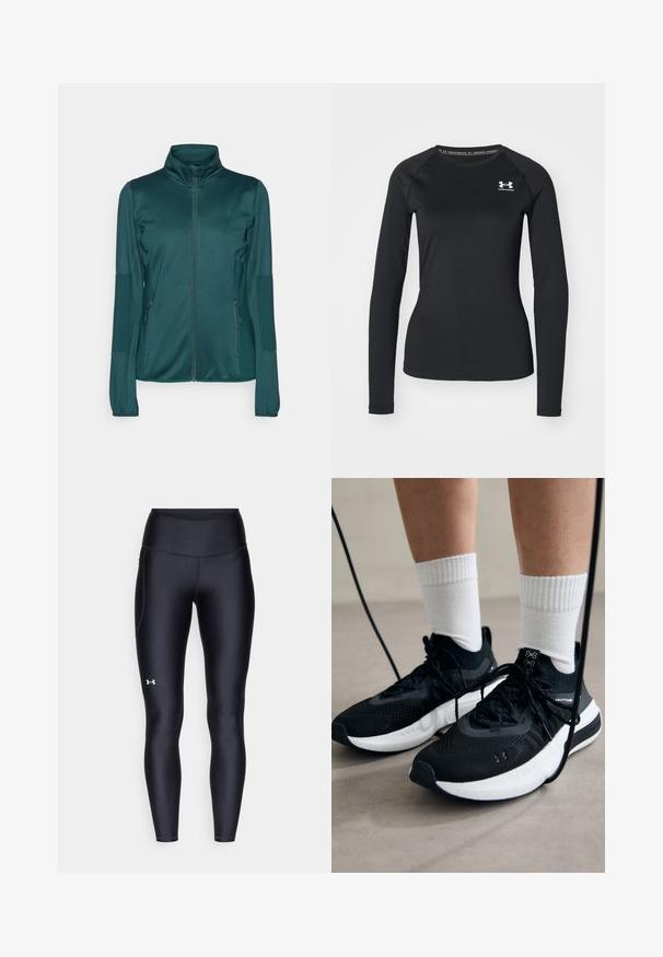 Türkisfarbene Zip-Jacke aus glattem Material, mit langen Ärmeln, hohem Kragen und zwei mit Reißverschluss versehenen Fronttaschen. Strukturiertes Design an den Ärmeln.; Schwarzes langärmliges Sportshirt aus glattem Material, mit Rundhalsausschnitt und einem kleinen weißen Logo auf der linken Brust.; Schwarze Leggings aus glattem, elastischem Material mit einem hohen Bund. Mit einem weißen Logo auf dem linken Oberschenkel und tailliertem Design.; Schwarze Sportschuhe aus strukturiertem Stoff, mit weißer Sohle und schwarzen Schnürsenkeln. Tragen mit weißen gerippten Socken, stehen auf einer hellen Fläche.