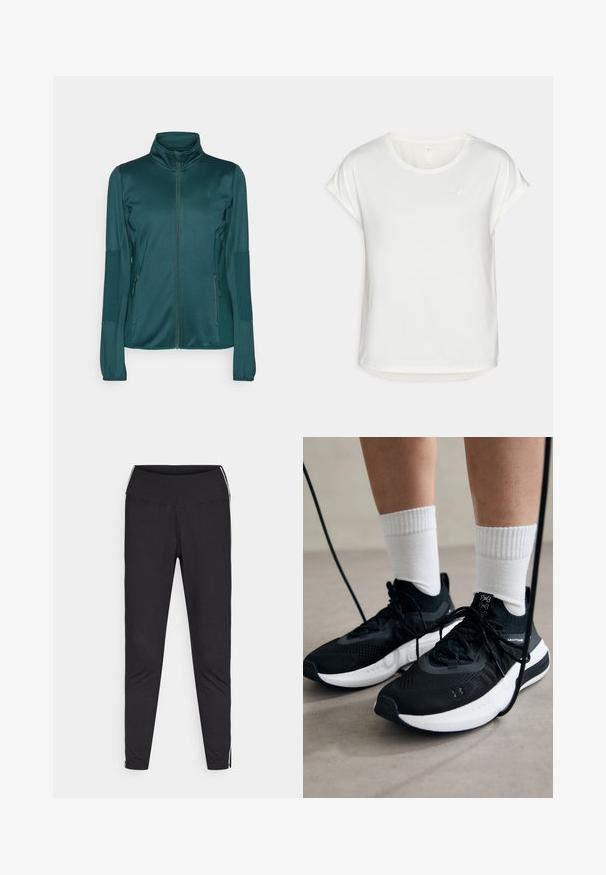 Giacca zip-up teal realizzata in tessuto morbido, con maniche lunghe, collo alto e due tasche frontali con zip. Dettagli testurizzati sulle maniche.; T-shirt bianca a maniche corte con scollatura rotonda, realizzata in tessuto morbido. Presenta maniche arrotolate e un discreto dettaglio del logo sul petto.; Leggings neri realizzati in tessuto elasticizzato. Vita alta, fitting affusolato, con strisce bianche lungo le cuciture esterne. Texture liscia.; Scarpe sportive nere con tessuto testurizzato, suola bianca e lacci neri. Indossate con calzini bianchi a costine, in piedi su una superficie chiara.