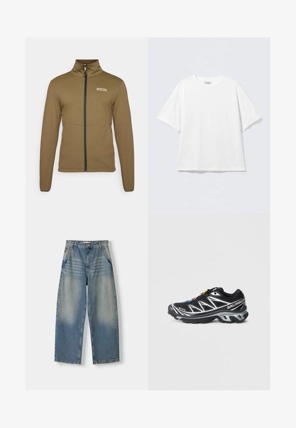 Hnědá zipová bunda vyrobená z hladkého, lehkého materiálu s vysokým límcem a černým zipem. Obsahuje malé logo na hrudi.; Bílé tričko s krátkým rukávem vyrobené z bavlny s kulatým výstřihem a volným střihem. Bez viditelných vzorů nebo zdobení. Jednoduchý design.; Svetle modré denimové kalhoty s širokými nohavicemi a vybledlým povrchem, designem pěti kapes a nezpracovaným lemem. Obsahují přední zapínání na knoflík a zip.; Černá běžecká bota se stříbrnými akcenty, materiál GORE-TEX, strukturovaná podrážka a barevné šňůrky. Má polstrovanou patu pro podporu.
