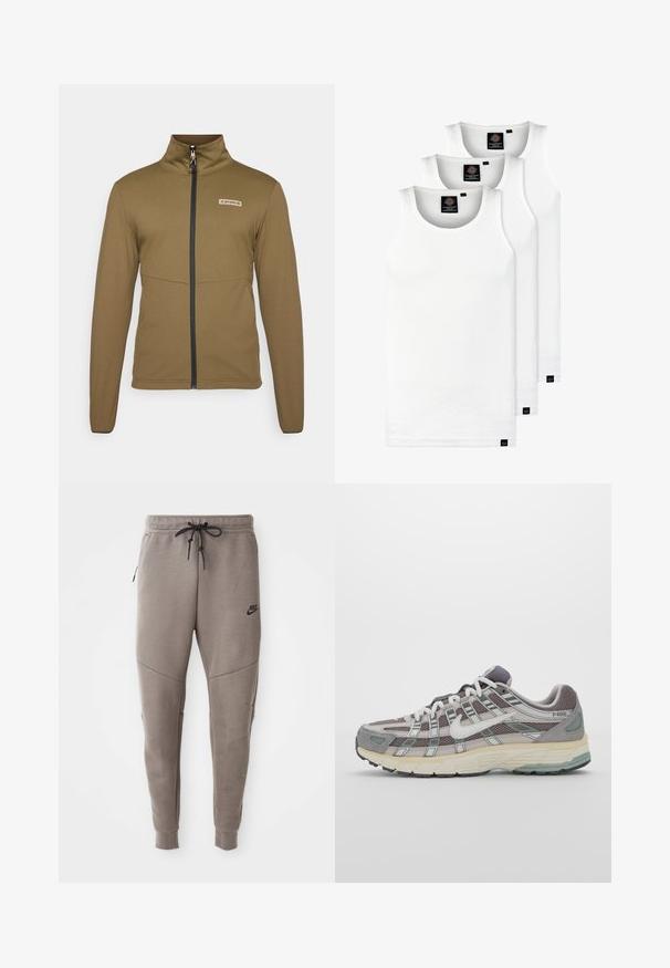 Hnědá zipová bunda vyrobená z hladkého, lehkého materiálu s vysokým límcem a černým zipem. Obsahuje malé logo na hrudi.; Tři bílé žebrované tílka vyrobené z bavlny. Mají kulatý výstřih a malé černé štítky poblíž lemu. Dostupné v několika velikostech.; Šedé Nike tepláky s elastickým pasem na šňůrku, zúženými nohavicemi, bočními kapsami a charakteristickým švem. Měkká, strukturovaná tkanina.; Šedá sportovní obuv s vrchní částí z mikrovlákna a semiše, bílými akcenty, polstrovanou podrážkou a jedinečným designem s reflexními prvky.