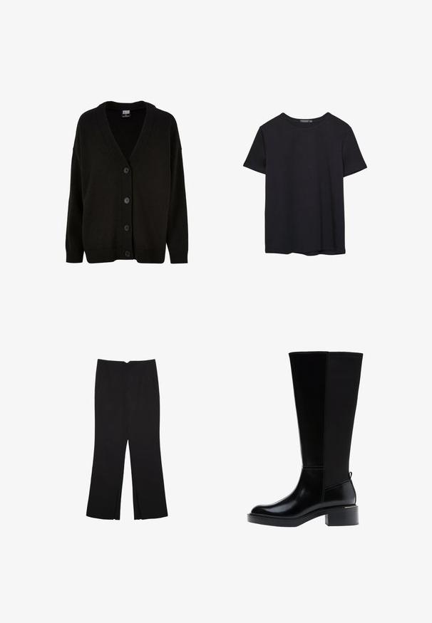 Čierny pletený kardigán s výstrihom do V, rebrovanými manžetami a lemom. Obsahuje šesť predných gombíkov a má mierne voľný strih pre pohodlie.; Jednoduché čierne bavlnené tričko s krátkym rukávom a okrúhlym výstrihom, umiestnené na bielom pozadí.; Čierne nohavice so strihom rovného strihu, s prednými vreckami a bočnými rozparkami na leme. Vyrobené z mäkkej, hladkej tkaniny. Vhodné na rôzne príležitosti.; Čierna čižma po kolená s hladkým koženým povrchom, výrazným šitím, masívnym podpätkom a textúrovaným zadným panelom pre väčší záujem.