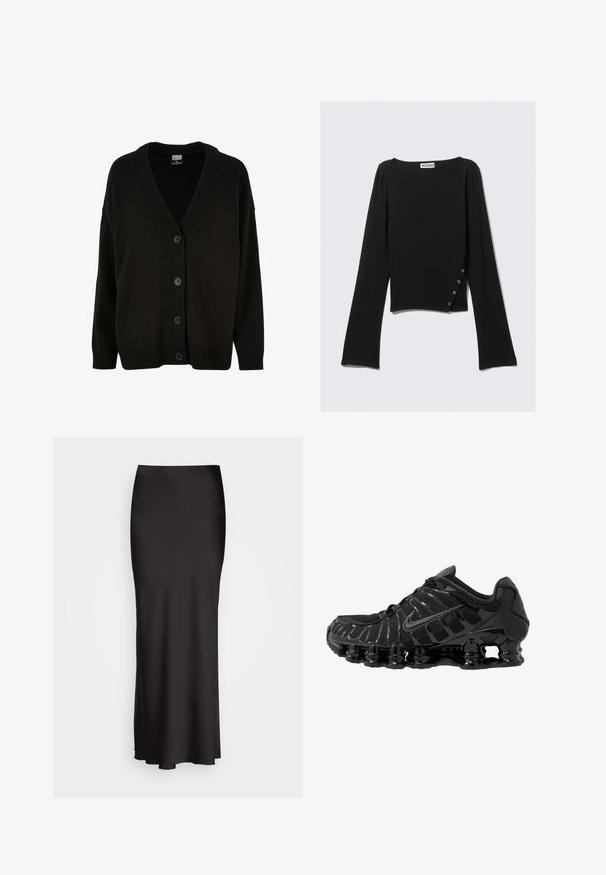Fekete kötött kardigán V-nyakkal, bordás mandzsettákkal és lefelé szélesedő szegéllyel. Hat elöl lévő gombbal rendelkezik, és enyhén laza szabású a kényelem érdekében.; Fekete, hosszú ujjú felső sima textúrából, hajókivágással, cropped hosszal és ezüst szorítókkal ellátott oldalsó részlettel.; Fekete, padlóig érő selymes hatású szoknya, sima textúrával, testhez simuló derékkal és A-vonalú sziluettel, látható díszítések vagy minták nélkül.; Fekete sportcipő hálós felsőrésszel és fényes részletekkel. Ívelt rugózó párnázással és texturált vonalakkal rendelkezik az oldalán. Nike logó látható.