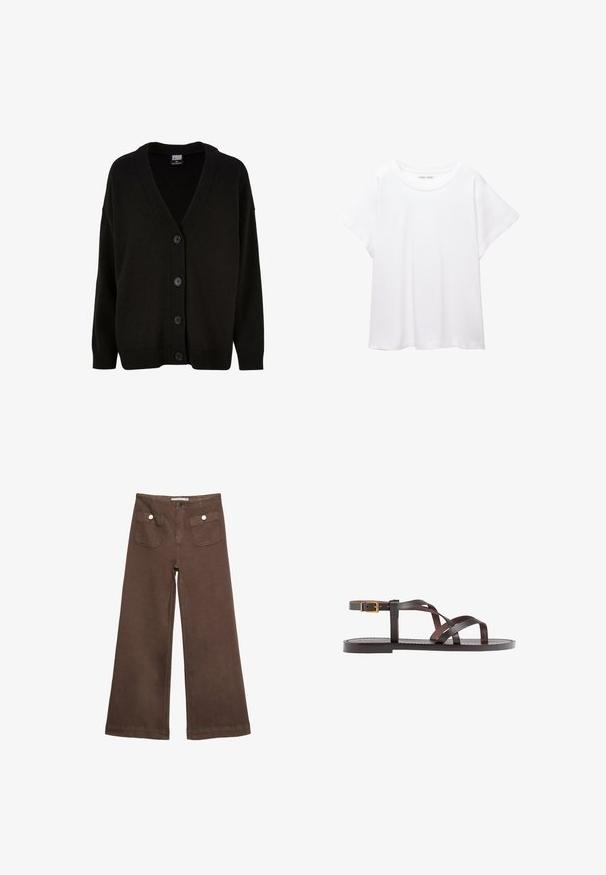 Črn pleteni kardigan z V-izrezom, rebrastimi manšetami in robom. Ima šest sprednjih gumbov in nekoliko ohlapen kroj za udobje.; Bela majica s kratkimi rukavi, izdelana iz mehkega in lahkega blaga. Ima okroglo ovratnico ter kratke, široke rokave z udobnim krojem. Brez vidnih vzorcev.; Svetlo rjave široke hlače iz bombaža, ki vključujejo dva sprednja žepa s srebrnimi gumbi in gladko teksturo.; Rjav usnjen sandal z načinom prečnega črta, zaklepom okoli gležnja in ravnim podplatom z minimalnimi šivi.