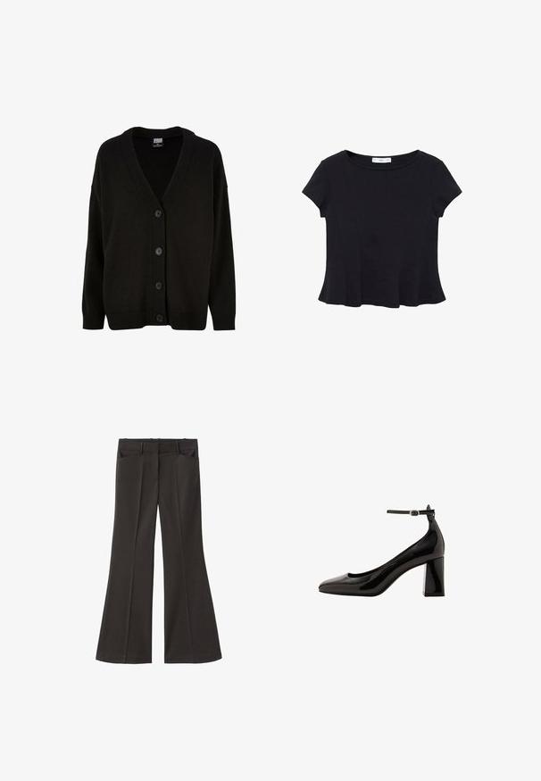 Cardigan negru tricotat cu decolteu în V, manșete și tiv cu nervuri. Între țețini cu șase butoane frontale și o croială ușor oversized pentru confort.; Top scurt din material moale, de culoare neagră, cu decolteu rotund și tiv evazat, având detalii discrete de cusătură.; Pantaloni evazați negri, cu talie înaltă; au două buzunare frontale și o textură de stofă netedă. Potriviți pentru diverse ocazii.; Pantofi cu toc cu curea la gleznă din piele patentată neagră, cu un finisaj glossy, vârf ascuțit și toc gros. Textură netedă, detalii minime.