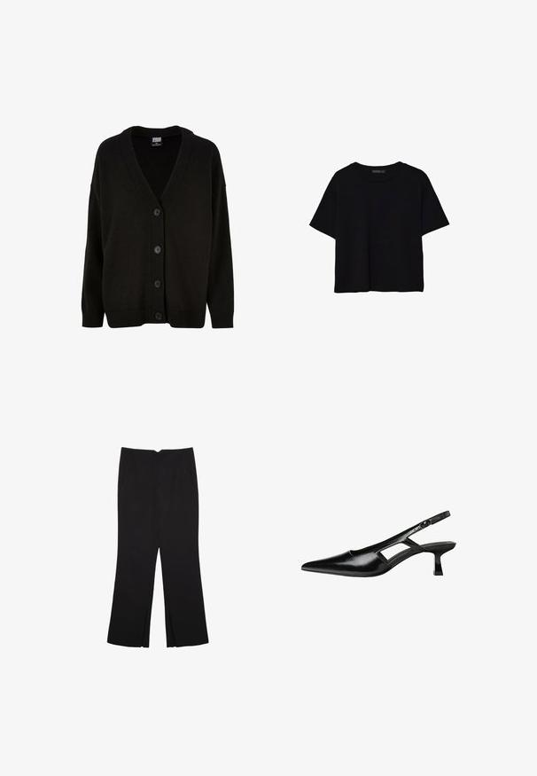 Črn pleteni kardigan z V-izrezom, rebrastimi manšetami in robom. Ima šest sprednjih gumbov in nekoliko ohlapen kroj za udobje.; Črna kratka majica s kratkimi rokavi, kratka dolžina, okrogli izrez in preprost dizajn, položena na ravno belo podlago.; Črne hlače ravnega kroja z naglavnimi žepi in stranskimi razporki na robu. Narejene iz mehke, gladke tkanine. Primerne za različne priložnosti.; Črne patentični usnjeni salonarji s slingback designom, z zašiljenim nosom, izrezanim stranskim dizajnom in majhnim kvadratnim peto. Gladka tekstura z minimalnimi detajli.