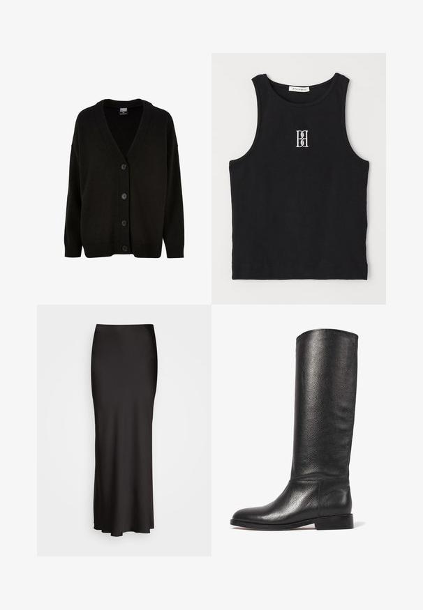 Fekete kötött kardigán V-nyakkal, bordás mandzsettákkal és lefelé szélesedő szegéllyel. Hat elöl lévő gombbal rendelkezik, és enyhén laza szabású a kényelem érdekében.; Fekete bordás trikó kerek nyakkivágással és fehér hímzett logóval. Az anyag sima tapintású, testhezálló formával.; Fekete, padlóig érő selymes hatású szoknya, sima textúrával, testhez simuló derékkal és A-vonalú sziluettel, látható díszítések vagy minták nélkül.; Térd feletti fekete bőr csizma textúrázott felülettel, lekerekített orral, sima szárával és alacsony, rétegelt sarkával. Minimális dizájn, látható fémalkatrészek nélkül.