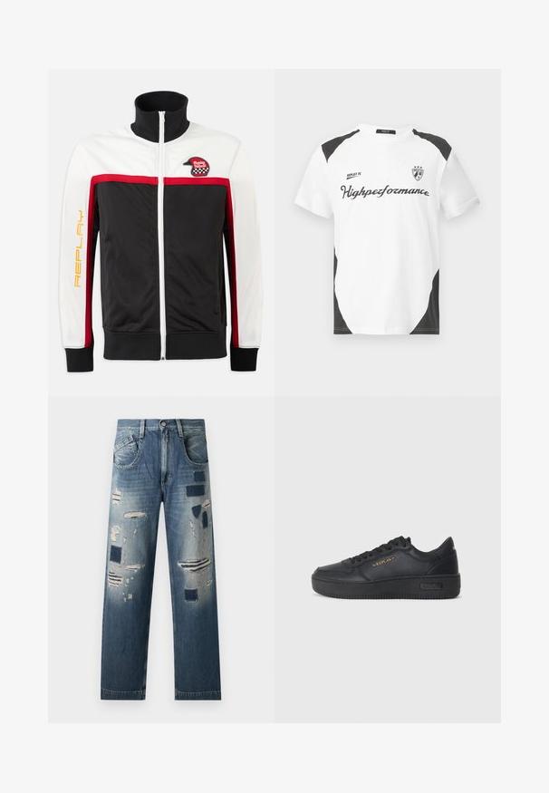 Svart, vit och röd löparjacka med hög krage, röda ränder, framtida dragkedja och ett märke med en hjälm på vänster bröst. "REPLAY" tryckt i gult.; Vit t-shirt med kort ärm och svarta accenter. Har "REPLAY FC"-logotypen och texten "Highperformance" i en sportig stil. Tillverkad av ett mjukt material.; Jeans av denim med slitna lappar och varierande nyanser av blått, med en rak benklippning och traditionell femfickorsdesign.; Replay EPIC HIGH - Sneakers - black