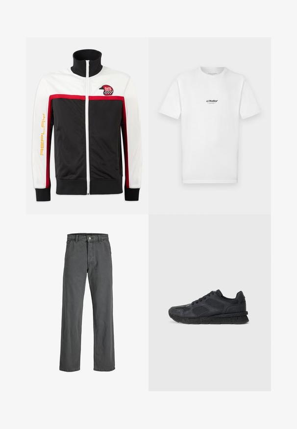 Giacca a pista nera, bianca e rossa con colletto alto, strisce rosse, zip frontale e un logo raffigurante un casco sul lato sinistro del petto. "REPLAY" stampato in giallo.; Maglietta bianca in cotone con maniche corte e collo rotondo. Presenta un piccolo logo nero "JJ Studios" sul petto.; Jeans larghi grigi scuri realizzati in denim. Presentano una chiusura frontale con bottone e cerniera, passanti per cintura e un classico design a cinque tasche.; Replay ARTHUR ATOM - Sneakers basse - black