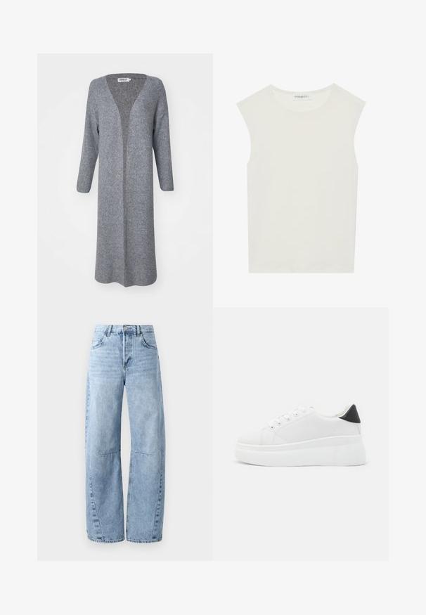 Ilgas, atviras kardiganas šviesiai pilkos spalvos trikotažo, su V-formos iškirpte ir ilgomis rankovėmis su šonkauliuoto audinio tekstūra.; Balta be rankovių palaidinė su apvaliu kaklu. Pagaminta iš lygios medžiagos, ji turi laisvą siluetą ir minimalistinį dizainą. Be raštų ar akcentų.; Šviesiai mėlynos plačios džinsinės kelnės, pagamintos iš džinsinio audinio, su aukštu liemeniu, penkiomis kišenėmis ir švelniu išblukimu. Kelnės turi matomus siūlus ir siūlės.; Balti platforminiai sportbačiai, pagaminti iš lygios sintetinio audinio, su apvaliu pirštu, raištelių užsegimu ir tekstūruota guma padanga. Juodas kulno akcentas.