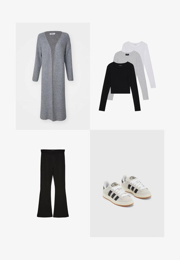 Hosszú, nyitott elülső kardigán világosszürke kötött anyagból, V-nyakkivágással és bordás textúrájú hosszú ujjakkal.; Három hosszú ujjú póló egymásra rakva: fekete, szürke és fehér. Mindegyiknek kerek nyaka van, és rövidített fazonnal rendelkezik, sima, könnyű anyagból készült.; Fekete trapéz leggings rugalmas anyagból készült. Széles derékpánttal és sima textúrával rendelkezik, illeszkedő sziluettje van, amely a szegélyen kigyullad.; Szürke velúr sportcipők fehér fűzővel, fekete csíkokkal és fehér gumitalppal. A nyelvén kör alakú logó található, illetve a talpa színes gumi.