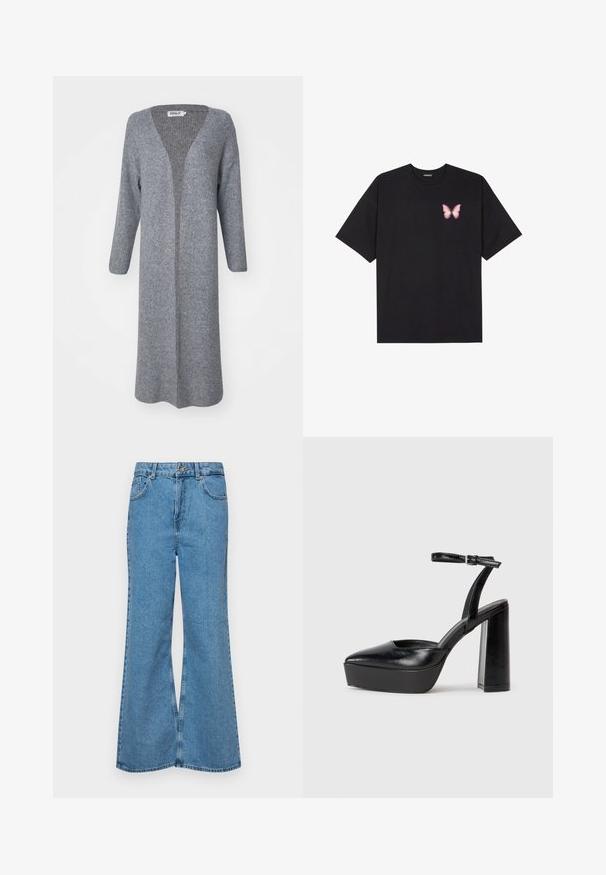 Long, open-front cardigan in light gray knit fabric, featuring a v-neckline and long sleeves with a ribbed texture.; Black cotton t-shirt with short sleeves, featuring a small pink butterfly graphic on the left chest. Crew neck design with a relaxed fit.; Light blue flared jeans made of denim, featuring a high waist, five pockets, and a single button closure. Soft texture with faded finish.; Black platform heels with a pointed toe and adjustable ankle strap. Constructed from smooth leather, featuring a chunky block heel.
