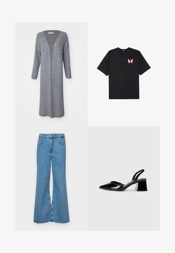 Lange open voorkardigan van lichtgrijze gebreide stof, met een v-halslijn en lange mouwen met een geribbelde textuur.; Zwarte katoenen t-shirt met korte mouwen, voorzien van een kleine roze vlinder graphic op de linkerkant van de borst. Crew neck ontwerp met een relaxte fit.; Lichtblauwe flared jeans van denim, met een hoge taille, vijf zakken en een enkele knoopsluiting. Zachte textuur met een vervaagde afwerking.; Zwarte gepatineerde leren slingback hakken met een spitse neus en een geometrische blokhak. Kenmerkt zich door een slank, minimalistisch ontwerp en een gladde textuur.