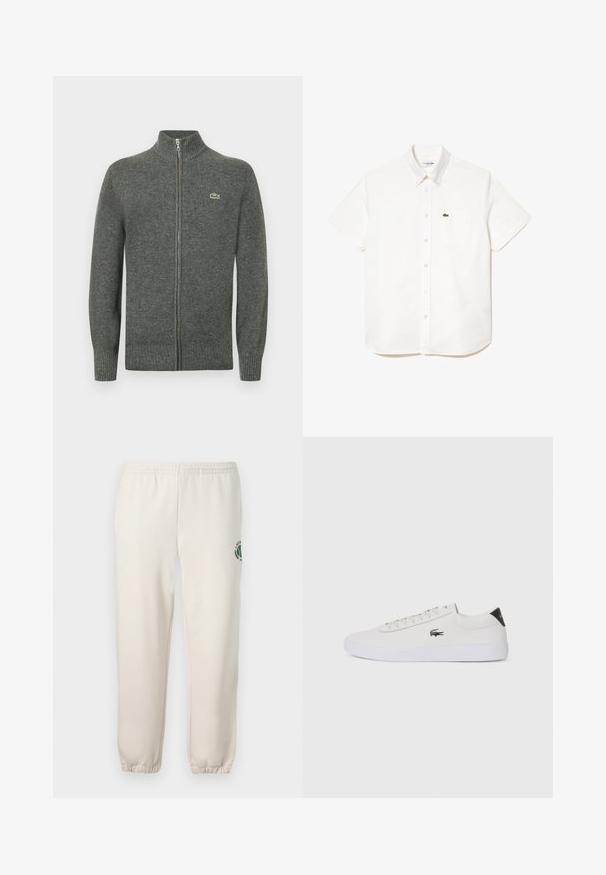 Casaco cinzento com fecho de correr, feito de lã tricotada. Apresenta gola, punhos e bainha canelados, com um pequeno logótipo verde no peito.; Camisa de algodão branca de manga curta com gola de botões, apresentando um bolso no peito e um pequeno logo de crocodilo verde no lado esquerdo.; Sweatpants beige claros feitos de algodão, com um cós elástico, punhos canelados e um logótipo verde com desenho de folha na perna esquerda.; Sapatilha de couro branco com biqueira arredondada, atacadores na frente e detalhe preto no calcanhar. Apresenta um pequeno logótipo de crocodilo bordado na lateral.