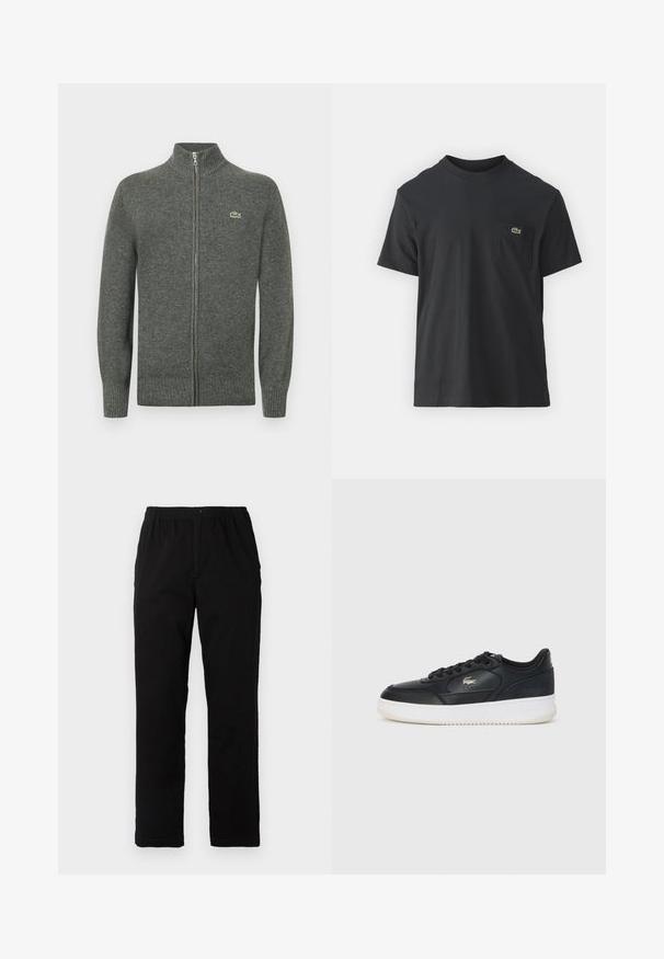 Grå zip-up cardigan i stickad ull. Har ribbad krage, muddar och fåll, med en liten grön logga på bröstet.; Svart bomullströja med korta ärmar, rund halsringning och en liten grön logotyp på vänster bröstficka. Enkelt mönster, vanlig passform.; Svarta byxor i en blandning av bomull, med rak passform, elastisk midja med knapp och utan synliga mönster eller accenter.; Svart lädersneaker med vit sula, med rund tå, snörningsdesign och en diskret logotyp på sidan. Strukturerad ovandel.