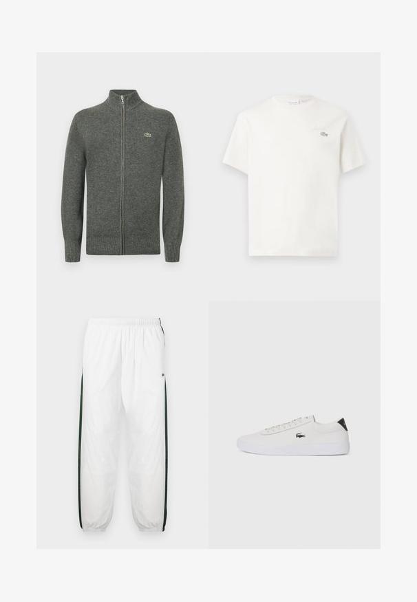 Gray zip-up cardigan made of knitted wool. Features a ribbed collar, cuffs, and hem, with a small green logo on the chest.; White cotton t-shirt with short sleeves, featuring a subtle embroidered logo and minimalistic design. Soft texture, crew neckline.; White track pants with dark green side panels. Lightweight material, elastic waistband, and cuffed hems. Features mesh texture on side panels.; White leather sneaker with round toe, lace-up front, and black heel accent. Features a small embroidered crocodile logo on the side.