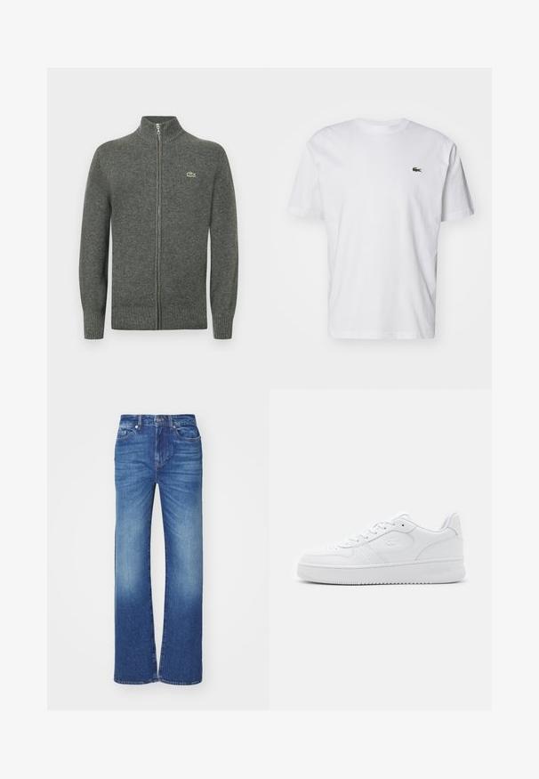Cardigan gris con cremallera, hecho de lana tejida. Presenta un cuello, puños y dobladillo acanalados, con un pequeño logo verde en el pecho.; Camiseta de algodón blanca con cuello redondo, mangas cortas y un pequeño logotipo bordado en verde en el pecho. Diseño clásico de corte recto.; Jeans de denim azul con un diseño de pierna recta, que presentan un acabado desgastado, cinco bolsillos y un cierre de botón y cremallera en la cintura.; Zapatilla de cuero blanco con caja de punta perforada, cordones planos y cuello acolchado. Presenta un logotipo grabado en el lateral y suela de goma texturizada.