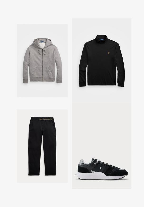 Polo Ralph Lauren LOOPBACK FLEECE FULL-ZIP HOODIE - Camisola com fecho - dark vintage heather; Camisa polo preta de manga longa feita de algodão, apresentando um colarinho alto, punhos canelados e um pequeno logótipo bordado em dourado no lado esquerdo do peito.; Calças pretas feitas de um tecido leve, com uma cintura elástica com um cinto verde integrado, corte reto e bolsos laterais.; Sapatilha baixa em preto e branco com parte superior em malha e camurça, atacadores brancos, sola branca e um logo de jogador de polo na lateral.