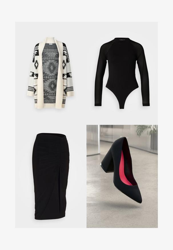 Noisy May NMLEISE COATIGAN - Kofta - beige; Svart långärmad bodysuit med hög hals, med heltäckande tyg på torso och genomskinliga meshärmar, designad i en figurnära form.; Svart, rynkad pennkjol med knytning och en sidoslits. Tillverkad av ett elastiskt tyg, med en jämn yta och figurnära design.; Svart högklackad sko med spetsig tå, texturerad yta och en livlig rosa inredning. Har en kraftig klack med silverdetaljer.