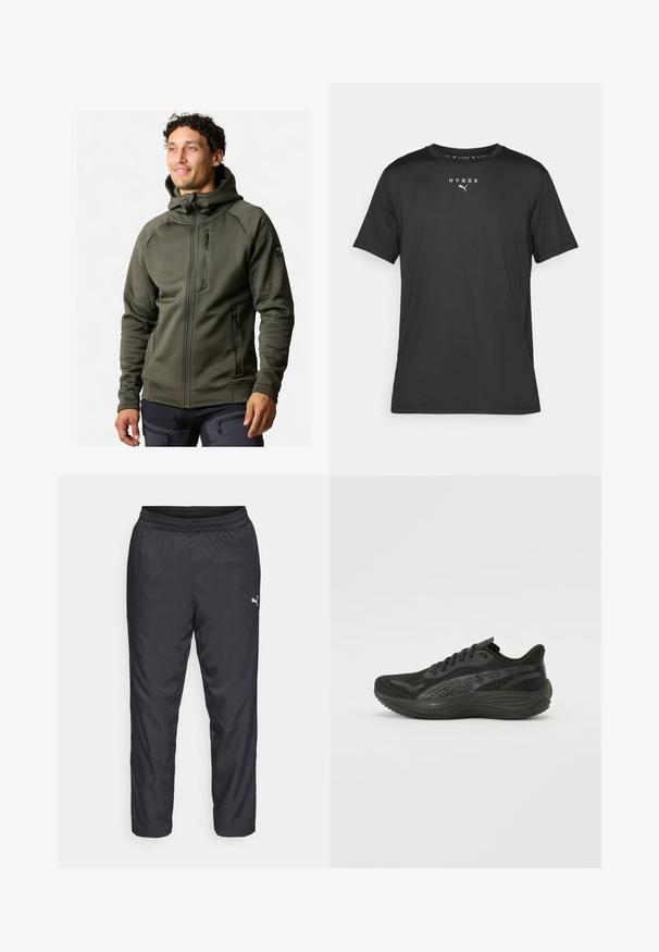 Felpa verde oliva con zip e colletto alto, due tasche laterali e una tasca sul petto; realizzata in un tessuto liscio e stretch, con un design aderente.; T-shirt sportivo nero a maniche corte realizzato in tessuto leggero. Caratterizzato da un colletto a girocollo e dal logo stampato "HYROX" con il simbolo Puma sul davanti.; Pantaloni sportivi neri realizzati in materiale liscio e leggero. Presentano un elastico in vita e un piccolo logo bianco sul lato sinistro.; Scarpa sportiva nera con tomaia in mesh testurizzato, lacci piatti e suola ammortizzata con sottili dettagli riflettenti.
