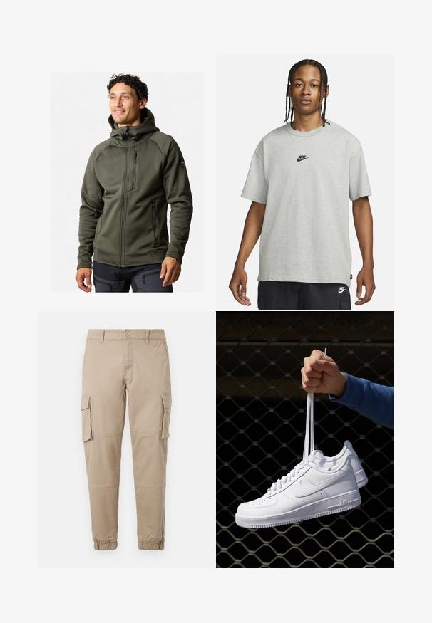 Olivi vihreä vetoketjullinen huppari, jossa on korkea kaulus, kaksi sivutaskua ja rintatasku; valmistettu sileästä, joustavasta kankaasta, jossa on kapeneva malli.; Nuori henkilö, jolla on letitetyt hiukset, pukeutuneena vaaleanharmaaseen Nike T-paitaan ja mustiin Nike-shorteihin valkoista taustaa vasten.; Beige cargo-housut kevyestä puuvillamateriaaliesta. Omistaa elastiset hihnat, useita sivutaskuja ja nappisuljin.; Valkoiset nahkasneakersit, joissa on rei'ityksiä, pyöreä kärki, tasapohja ja paksut nauhat, joissa on näkyvä swoosh-logo ja "AIR" kantapäässä.