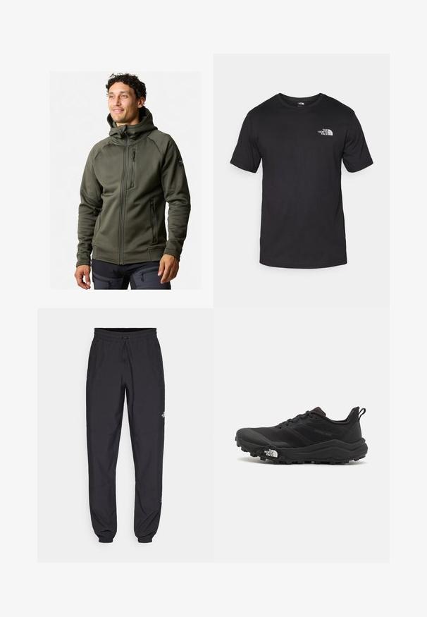 Felpa verde oliva con zip e colletto alto, due tasche laterali e una tasca sul petto; realizzata in un tessuto liscio e stretch, con un design aderente.; T-shirt nera a maniche corte in cotone, con scollatura rotonda e un piccolo logo bianco nell'area superiore sinistra del petto.; Pantaloni sportivi neri realizzati in tessuto leggero, con vita regolabile con cordino, tasche laterali e orli affusolati alle caviglie.; Scarpa da trail running nera con tomaia texture, suola in gomma e punta rinforzata. Presenta un collare imbottito e un tassello per un indossamento facile.