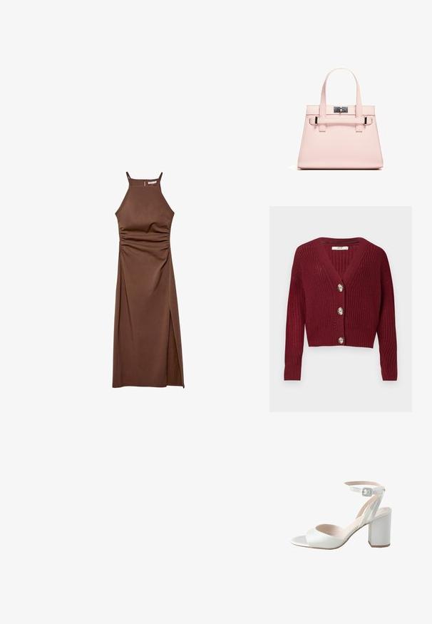 Burgunderfarbener Strickcardigan mit tiefem V-Ausschnitt, drei großen Knöpfen und geripptem Muster, langen Ärmeln und cropped Design.; Stradivarius HALTER  - Etuikleid - dark brown; Weiße High-Heels Sandale mit glänzendem Satin-Obermaterial, weitem Blockabsatz und Knöchelriemen mit einer kleinen Schnalle. Sanfte Textur, minimalistisches Design.; Rosa strukturierte Handtasche aus strukturiertem Leder mit zwei Obergriffen, einem Klappverschluss und kontrastierenden Metallelementen.