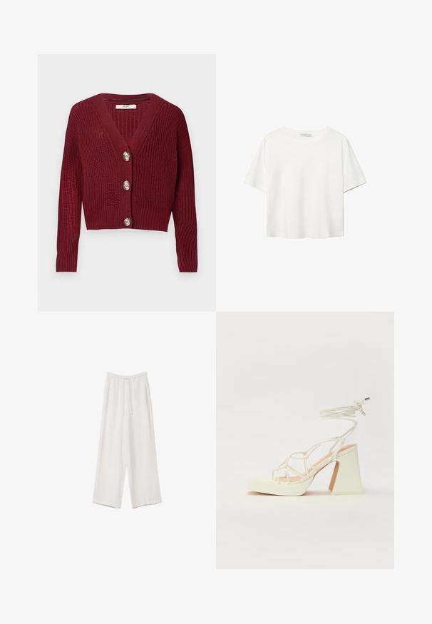 Burgundy stickad cardigan med djup V-ringning, tre stora knappar och ribbad textur, långa ärmar och kort design.; Vit t-shirt med kort ärm i bomull. Har en rundad halsringning och en avslappnad passform. Slät textur utan synliga mönster eller detaljer.; Vita vida byxor i vid passform gjorda av ett lättviktsmaterial. Har en elastisk midja med dragsko och sidofickor. Slät textur.; Vit högklackad sandal med en kraftig klack, med ett remdesign och ankelband. Slät textur med en plattform framtill för ökad höjd.