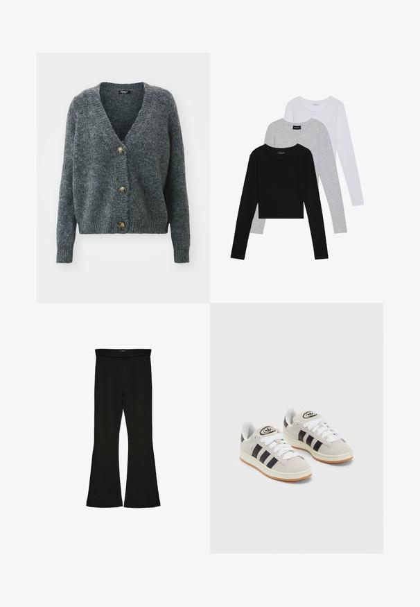 ONLY ONLZOEY - Vest - dark grey melange; Drie langmouwige tops gestapeld: zwart, grijs en wit. Elke top heeft een ronde halslijn en een cropped ontwerp van soepel, lichtgewicht materiaal.; Zwarte flare leggings gemaakt van rekbaar materiaal. Beschikt over een brede tailleband en een zachte textuur, met een getailleerd silhouet dat uitloopt bij de zoom.; Grijze nubucklederen sneakers met witte veters, zwarte strepen en een witte rubberen zool. Bevat een rond logo op de tong en een gumzool.