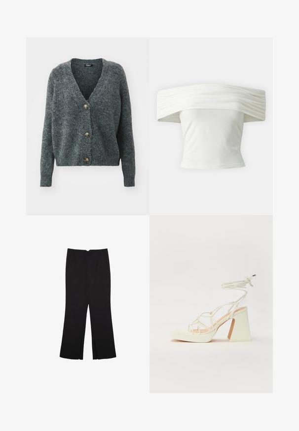 ONLY ONLZOEY - Neuletakki - dark grey melange; Valkoinen olkaimeton toppi, jossa on laskostettu, rakenteellinen kaula-aukko ja tiukka vartalo. Valmistettu pehmeästä kankaasta, jossa on sileä pinta.; Mustat housut suoralinjaisella leikkauksella, joissa on etutaskut ja sivurei'ät helman alla. Valmistettu pehmeästä ja sileästä kankaasta. Sopii eri tilaisuuksiin.; Valkoinen korkokenkä, jossa on paksu korko, ja joka sisältää nauhakiinnityksen ja nilkkaketjun. Sujuva pinta, jossa on platform-etupohja lisäkorkeutta varten.
