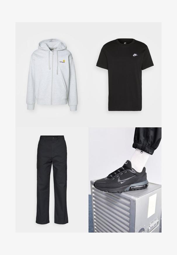 Hellgraue Kapuzenjacke mit Reißverschluss, Kordelzug, gerippten Bündchen und Taschen. Merkmale ein kleines gesticktes Logo auf der Brust. Weicher Stoff.; Schwarzes Baumwoll-T-Shirt mit kurzen Ärmeln, Rundhals und kleinem weißem Nike-Logo auf der oberen linken Brust. Glatte Textur. Klassische Passform.; Schwarze Cargo-Hosen mit geradem Schnitt, ausgestattet mit Seitentaschen und einem strukturierten Stoff. Knopfverschluss an der Taille für einen sicheren Sitz.; Nike Sportswear PULSE - Sneaker low - black/anthracite
