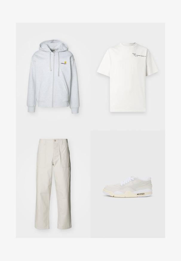 Světlé šedé zipové mikina s kapucí na šňůrku, žebrovanými manžetami a kapsami. Obsahuje malé vyšívané logo na hrudi. Měkká tkanina.; Bílé bavlněné tričko s krátkými rukávy, kulatým výstřihem a černým potiskem na hrudi s nápisem "Carhartt Work in Progress 1989."; Světle béžové kalhoty s širokými nohavicemi vyrobené z bavlny. Obsahují přední kapsy a zapínání na knoflík. Hladký povrch s jemnými vertikálními pruhy.; Tenisky s lehkým béžovým syntetickým svrškem, bílými šňůrkami a viditelným polstrováním. Mají hladkou podrážku a jemné boční detaily.