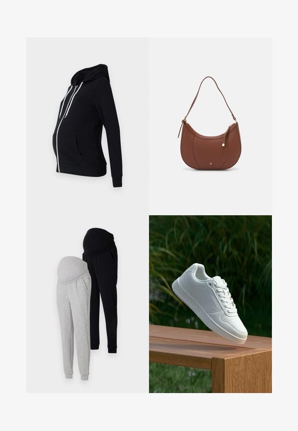 Fekete várandós kapucnis felső puha anyagból, elülső cipzárral, két oldalzsebbel, hosszú ujjakkal és bélelt kapucnival, fehér zsinórokkal.; Két hosszúujjú kismamaruha fehér és fekete színben. Keresztbe forduló dizájnnal, puha anyagból készült, ívelt szegéllyel a kényelmes illeszkedés érdekében.; Két pár kismama jogger: az egyik szürke, a másik fekete, mindkettő rugalmas derékrésszel, zsebekkel és szűkített szárakkal rendelkezik. Könnyű anyagból készült.; Fehér sportcipő sima szintetikus felsőrésszel, perforált lábujjrész, lapos fűzőkkel és texturált talppal, fából készült felületen kihelyezve.; Barna műbőr válltáska ívelt formával, minimális varrással és arany színű kiegészítőkkel. Jellemzője a felső cipzáras záródás és állítható pánt.