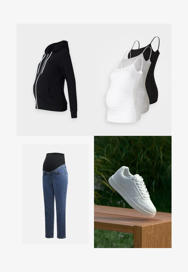 Hanorac de maternitate negru, confecționat dintr-o țesătură moale, cu fermoar în față, două buzunare laterale, mâneci lungi și glugă căptușită cu șnururi albe.; Trei topuri de maternitate fără mâneci, în alb, gri și negru. Material elastic cu bretele subtiri ajustabile și cusături laterale pliate pentru confort.; Jeans de maternitate cu picioare din denim albastru și un panou abdominal elastic negru, conceput pentru a susține și a acoperi o burtă în creștere.; Sneaker alb cu un upper sintetic neted, cu vârf perforat, șireturi plate și o talpă texturată, expus pe o suprafață de lemn.