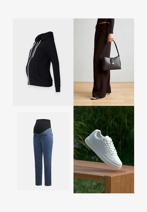 Felpa da maternità nera realizzata in un tessuto morbido, con zip frontale, due tasche laterali, maniche lunghe e cappuccio foderato con lacci bianchi.; Tre top premaman a canotta in bianco, grigio e nero. Tessuto elasticizzato con spalline regolabili e cuciture laterali arricciate per il massimo comfort.; Jeans premaman con gambe in denim blu e un pannello addominale elastico nero progettato per sostenere e coprire una pancia in crescita.; Sneaker bianco con tomaia in sintetico liscio, punta perforata, lacci piatti e suola testurizzata, esposto su una superficie di legno.; Borsa nera con forma strutturata, texture liscia e una chiusura metallica. Abbinata a pantaloni neri larghi e sandali open-toe su un pavimento in legno.