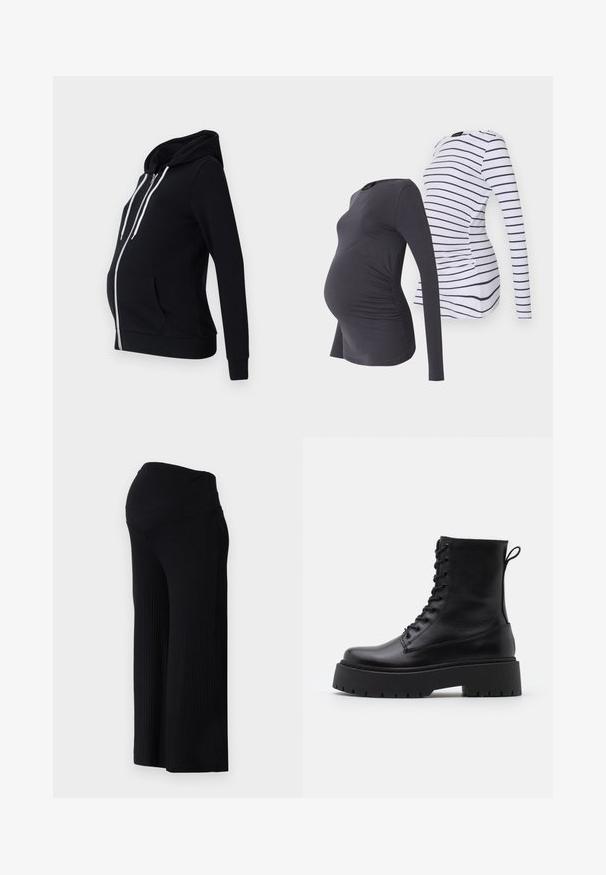 Črna nosečniška kapuca iz mehkega materiala, z zadrgo spredaj, dvema stranskima žepoma, dolgimi rokavi in podloženo kapuco z belimi vrvicami.; Dve dolge majice za nosečnice: ena enobarvna temno siva z nabranimi stranmi, druga bela z mornarsko modrimi vodoravnimi črtami. Mehka, elastična tkanina.; Črne žametne hlače širokega kroja z visokim pasom. Tkanina je gladka in raztegljiva, kar omogoča sproščen fit po celotni dolžini nog. ; Črne usnjene gležnjarje z okroglo konico, vezalnim sprednjim delom in debelim gumijastim podplatom z teksturiranim profilom. Zanka na hrbtni strani.