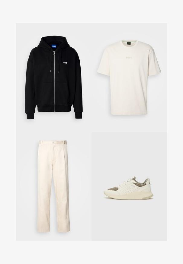 Must mustaga hoodie, mis on valmistatud pehmest kangast, millel on eesmine tasku, nööriga kapuuts ja väike valge logo vasakul rinnal.; BOSS TEE - Lihtne T-särk - open white; Beesidised puuvillased püksid sirge jala lõikega, mis on varustatud nööpkinnituse ja ees olevate voltidega, et lisada detaili.; Valge ja heledat beeži värvi spordijalats, millel on õhuke võrkmaterjal, perforatsioonidega detailid ning tekstuuriga vahetald, millel on brändi logo kannaosas.