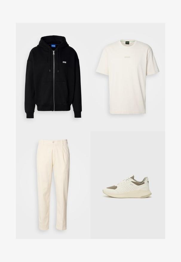 Must mustaga hoodie, mis on valmistatud pehmest kangast, millel on eesmine tasku, nööriga kapuuts ja väike valge logo vasakul rinnal.; BOSS TEE - Lihtne T-särk - open white; Kreemivärvi puuvillased püksid sirge jala disainiga, ees voldid, nööbiv closure ja küljetaskud. Sile tekstuur.; Valge ja heledat beeži värvi spordijalats, millel on õhuke võrkmaterjal, perforatsioonidega detailid ning tekstuuriga vahetald, millel on brändi logo kannaosas.