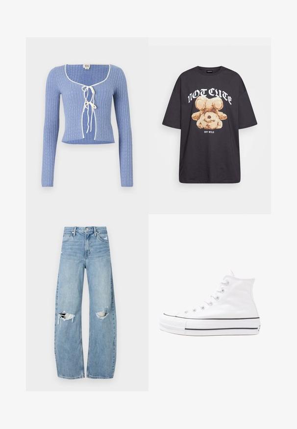 Light blue ribbed crop top with long sleeves, featuring a square neckline and white ties at the front. Textured pattern throughout.; Black oversized t-shirt featuring a graphic of a bear with the text “NOT CUTE BUT WILD” in bold, white lettering. Cotton material.; Light blue, high-waisted jeans made of denim. Feature wide legs, two torn knee areas, and classic five-pocket styling.; White high-top canvas sneaker with black rubber sole, front rubber toe cap, and six eyelets for laces, featuring a clean, minimalist design.