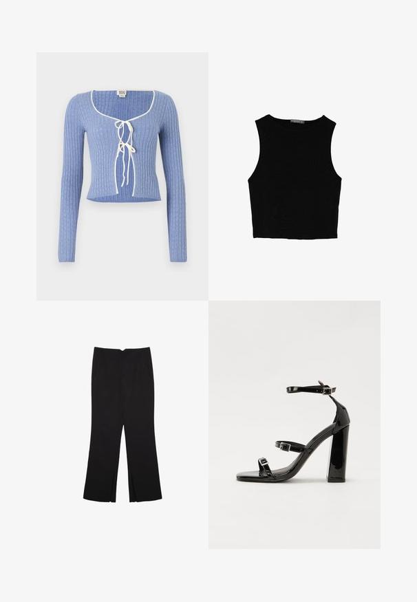 Jasnoniebieski prążkowany crop top z długimi rękawami, z kwadratowym dekoltem i białymi wiązaniami na przodzie. Wzór teksturowany w całym materiale.; Czarny bezrękawnik crop top z gładkiego materiału, z okrągłym dekoltem i czystym, prostym wzornictwem, bez wzorów czy metalowych elementów.; Czarne spodnie o prostym kroju, z przednimi kieszeniami i bocznymi rozcięciami na dole. Wykonane z miękkiego, gładkiego materiału. Odpowiednie na różne okazje.; Czarne lakierowane sandały na obcasie z kwadratowym noskiem, z paskami wokół kostki i srebrnymi klamrami. Posiadają masywny słupek dla stabilności.