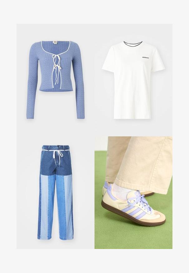 Šviesiai mėlynas raukšlėtas trumpas megztinis su ilgomis rankovėmis, turintis kvadratinį iškirpimą ir baltus raiščius priekyje. Visa paviršiaus tekstūra.; Balta medvilnė marškinėliai su trumpomis rankovėmis ir apvalia iškirpte. Ant krūtinės yra juodas Adidas logotipas, o vidinė apykaklė yra kontrastinga juoda.; Mėlyni džinsiniai aptiniai su įvairių atspalvių mėlyno audinio intarpais, su tamprių juosmeniu ir laisvais, tiesiais kirpimais.; Kreminės ir levandų spalvos sportbačiai su trims juostelėmis ir tekstūruota ruda padais, su raišteliais ir paminkštintu kulnu. Minkšta medžiaginė viršutinė dalis.