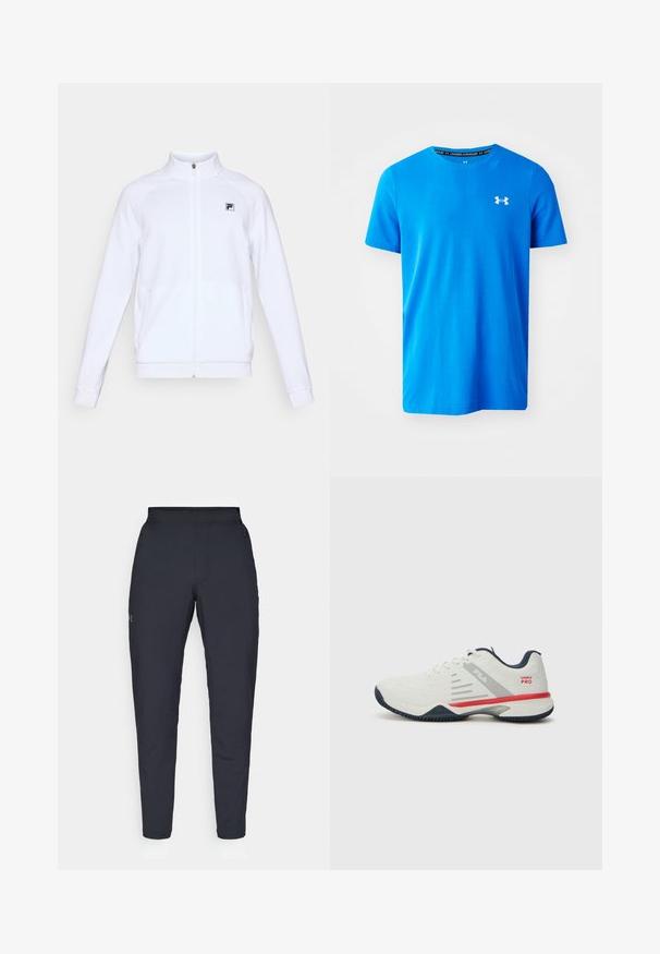 White long-sleeve zip-up jacket with high collar and small black logo on left chest, displayed on plain background.; Blue short-sleeve T-shirt made of breathable fabric, featuring a subtle textured pattern and a white Under Armour logo on the chest.; Black athletic pants with a smooth texture, slim fit, elastic waistband, and side pockets. Features a small logo on the left thigh.; White athletic shoe with grey and red accents, textured mesh upper, flexible sole, and distinct side panel design. Features lace closure.