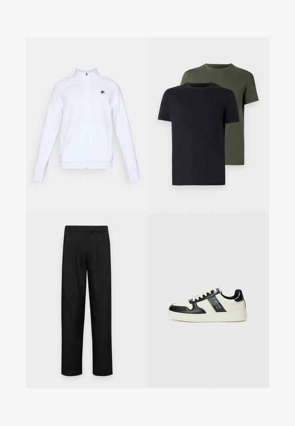 Bijela jakna s dugim rukavima i patentnim zatvaračem, visokim ovratnikom i malim crnim logom na lijevom grudnom dijelu, prikazana na jednostavnoj pozadini.; Dva majica s okruglim izrezom u crnoj i maslinastoj boji, napravljena od mekanog pamučnog materijala. Dizajn je jednostavan s kratkim rukavima i ravnim krojem.; Crne hlače od glatkog materijala, s dizajnom ravnih nogavica, dva prednja nabora i standardnim pojasom s petljama za remen.; Kožne tenisice s crno-bijelom paletom boja, koje imaju perforirane akcentne detalje, podstavljeni ovratnik i teksturiranu potplat.