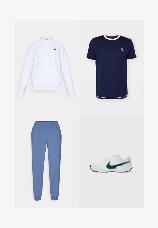Bílá bunda na zip s dlouhým rukávem, vysokým límcem a malým černým logem na levé straně hrudníku, vystavená na jednobarevném pozadí.; Tmavě modré tričko s krátkým rukávem a bílým kulatým výstřihem, s červenými a bílými pruhovanými akcenty na ramenou a logem na nášivce.; Modré, lehké joggingové kalhoty s elastickým pasem a manžetami. Mají hladkou texturu a malé logo na boku.; Bílé sportovní tenisové boty s texturovaným síťovým vrškem, černou gumovou podrážkou a akcentem v barvě tyrkysové na logu Nike. Obsahují šněrování a polstrovaný límec.