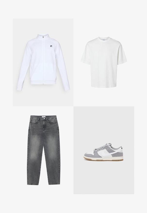 Weißer Zip-Up-Jacke mit langen Ärmeln und hohem Kragen sowie kleinem schwarzem Logo auf der linken Brust, präsentiert auf einfachem Hintergrund.; Weißes Baumwoll-T-Shirt mit kurzen Ärmeln, Rundhalsausschnitt und lässigem Schnitt. Glatte Textur ohne sichtbare Muster oder Akzente.; Hoch taillierte, locker sitzende Jeans aus verwaschenem schwarzem Denim. Verfügt über fünf Taschen, Gürtelschlaufen und ein sauberes, gerades Bein-Design.; Graue und weiße Sneaker mit einem Obermaterial aus Wildleder und Leder, abgerundeter Spitze, flachen Schnürsenkeln und einer Gummisohle mit einem Kautschukakzent.