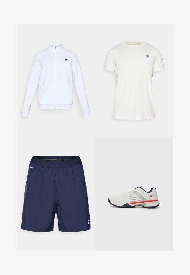 Chaqueta blanca de manga larga con cremallera y alto cuello, con un pequeño logo negro en el lado izquierdo del pecho, presentada sobre fondo simple.; Camiseta blanca de manga corta hecha de tela suave. Presenta un escote redondo y un pequeño logo azul en el lado izquierdo del pecho.; Pantalones cortos deportivos de color azul marino con cintura elástica, bolsillos laterales y acentos en gris claro. Fabricados con tejido ligero y suave para mayor comodidad.; Zapatilla deportiva blanca con acentos en gris y rojo, parte superior de malla texturizada, suela flexible y un diseño de panel lateral distintivo. Presenta cierre con cordones.