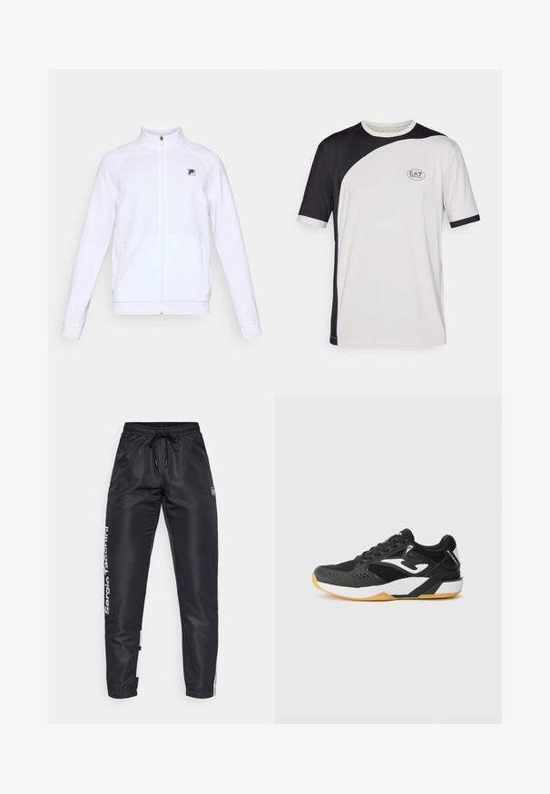 Balta garajaka ar garām piedurknēm un rāvējslēdzēju, ar augstu apkakli un mazu melnu logotipu kreisajā krūtī, attēlota uz vienkārša fona.; T-krekls ar īsām piedurknēm, kas izceļas ar melnbaltu krāsu bloku dizainu, izgatavots no viegla auduma. Uz krūtīm ir EA7 logo.; Melni sporta bikses ar aukliņu jostā, ar baltu zīmolu uz sāniem un kontrastējošiem krāsu paneļiem apakšmalā.; Melnais sporta apavi ar sietu un sintētiskiem materiāliem; iekļauj baltas akcentus, teksturētu zoli un apaļu purngalu.